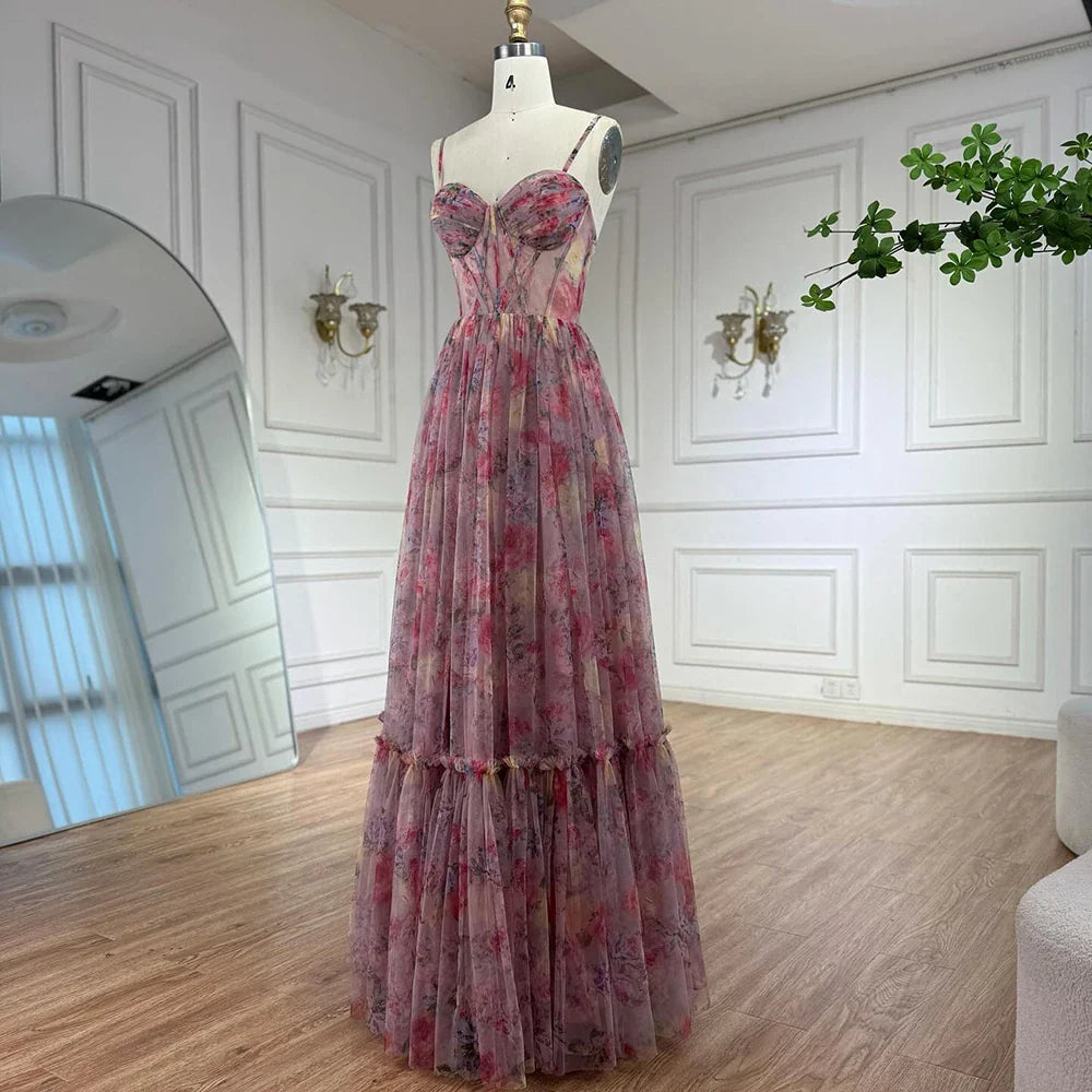 Luxury Pink A-Line Tulle Printed Ruffle Tiered Prom Dress LA73149