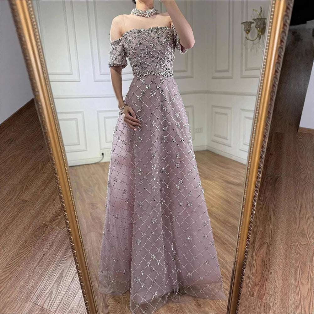 Luxury Nude Sliver Off Shoulder Beaded Crystal A-Line Evening Dress LA73122