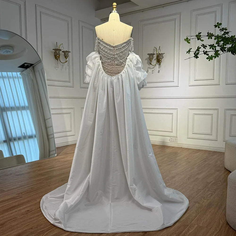 White Nude Beaded Mermaid Evening Dress with Satin Cape LA72253B