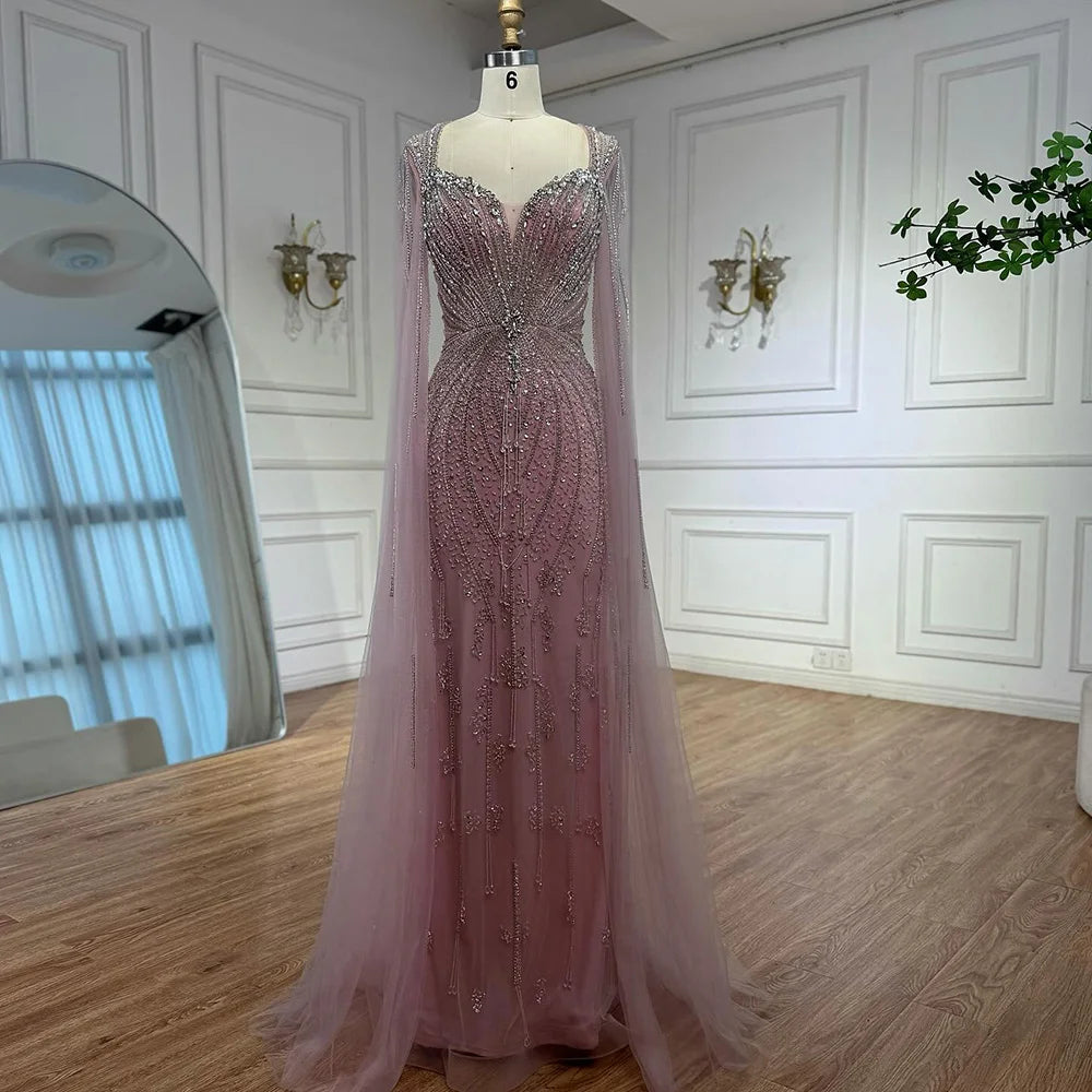 Elegant Beige Beaded Evening Dress with Cape Sleeves LA72992