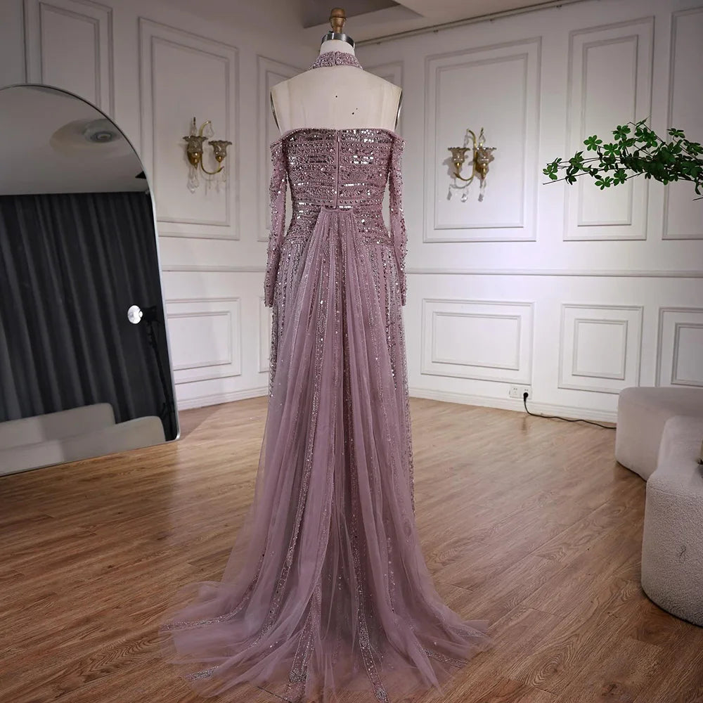 Caramel Off Shoulder Beaded Mermaid Evening Dress Long Sleeves LA73053