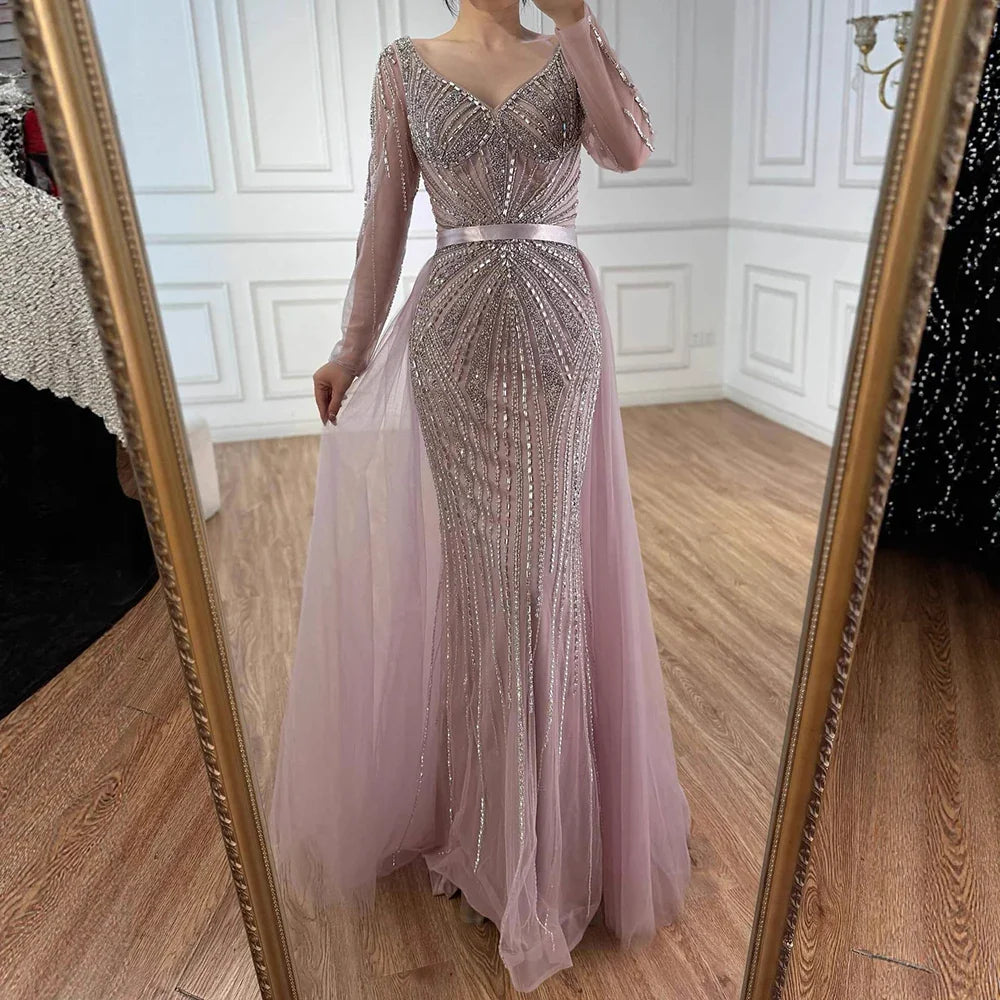 Luxury Nude Beaded Evening Dress with Detachable Overskirt LA73156