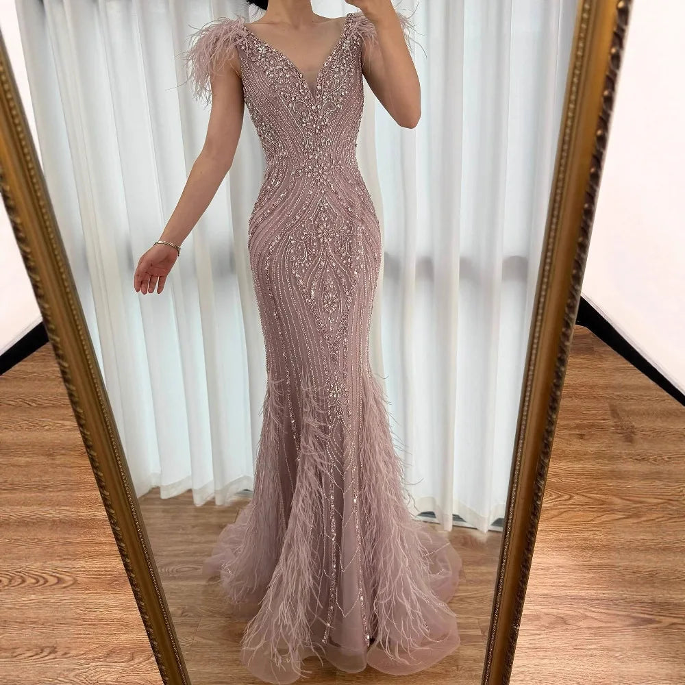 Luxury Pink Feathered Mermaid Evening Dress with Beaded Hem LA73098