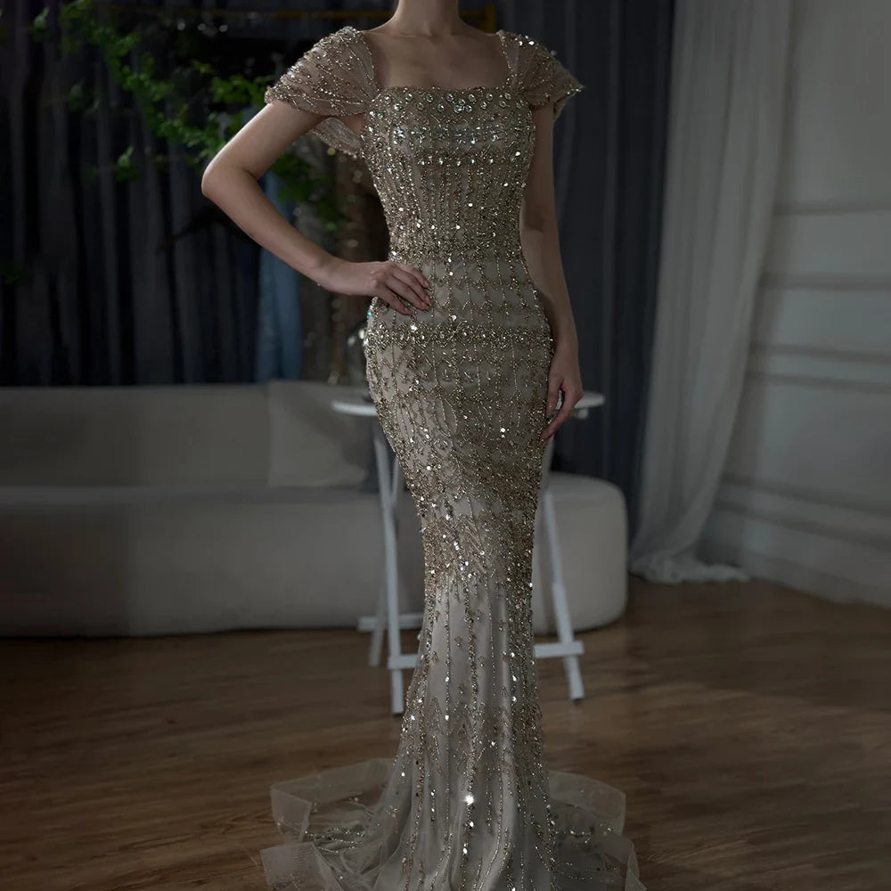 Luxury White Mermaid Square Neck Short Sleeves Evening Dresses LA72714