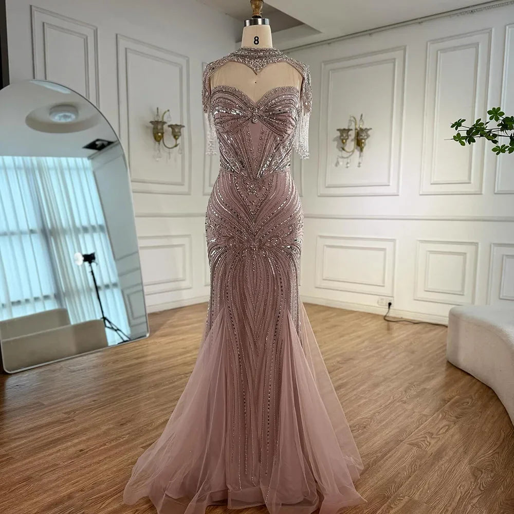 Luxury Nude Beaded High Neck Mermaid Evening Dress LA72897