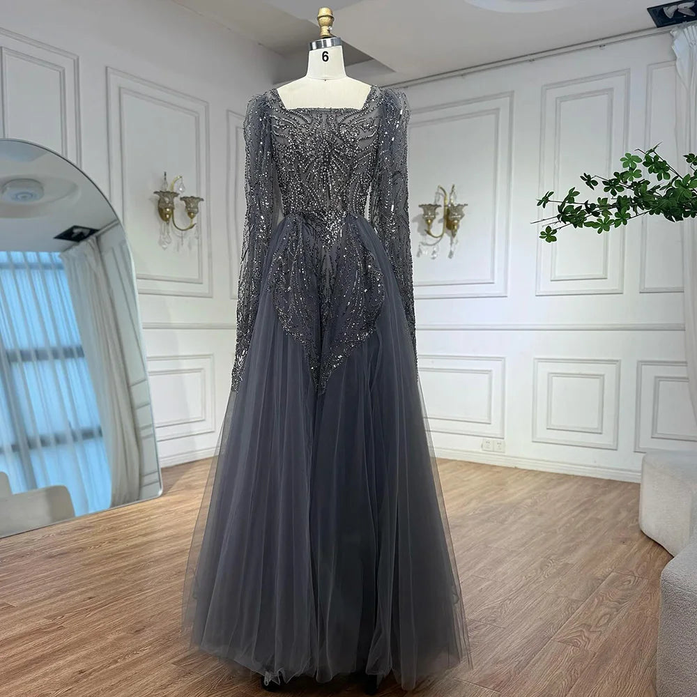 Luxury Gray A Line Beaded Evening Dress for Women LA73088
