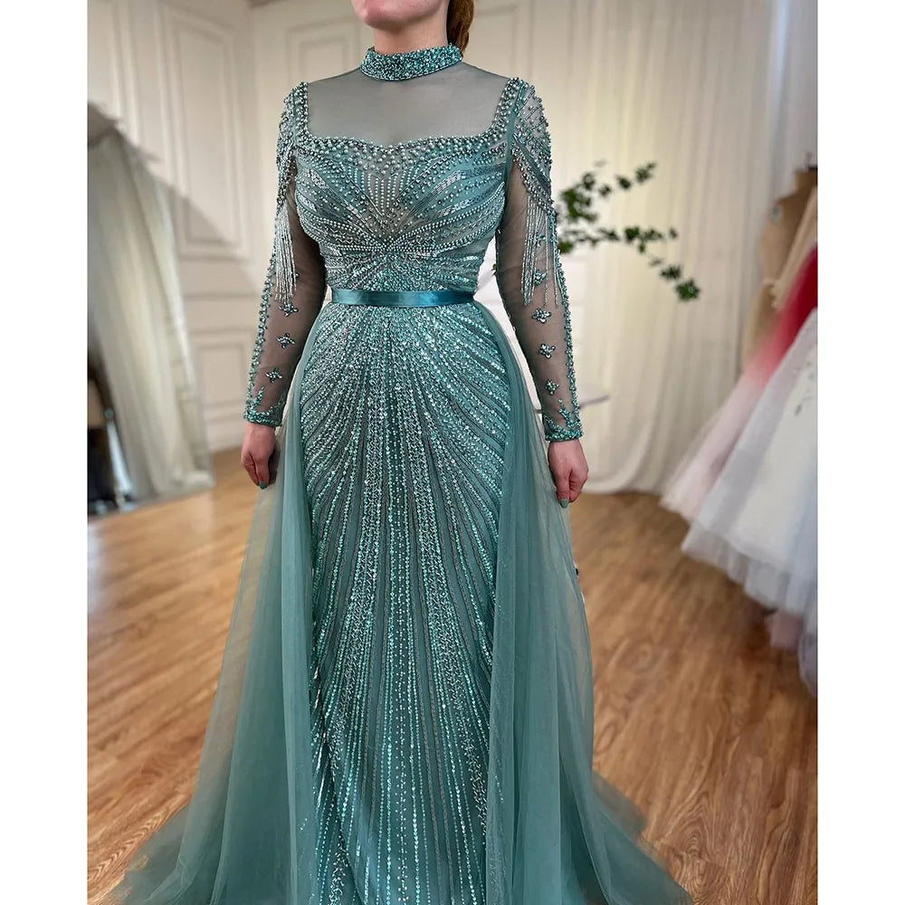 Luxury Nude Muslim Beaded Tassel Mermaid Evening Wedding Party Dresses LA71533