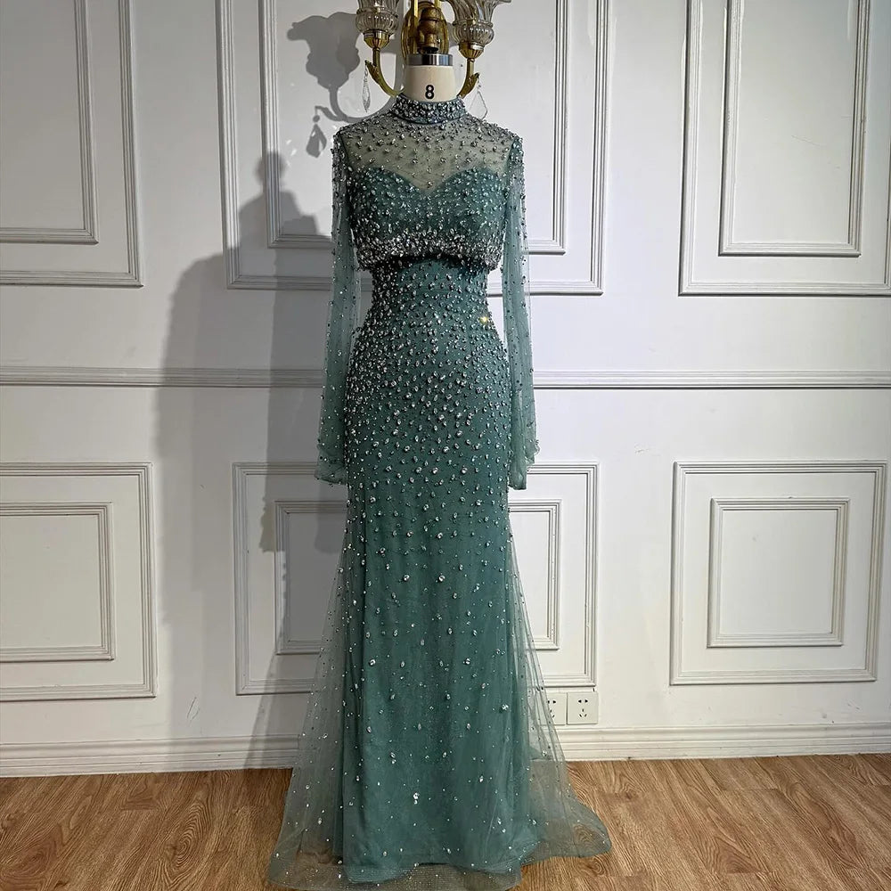 Luxury Turquoise Beaded Mermaid Evening Dress with Detachable Top LA73095