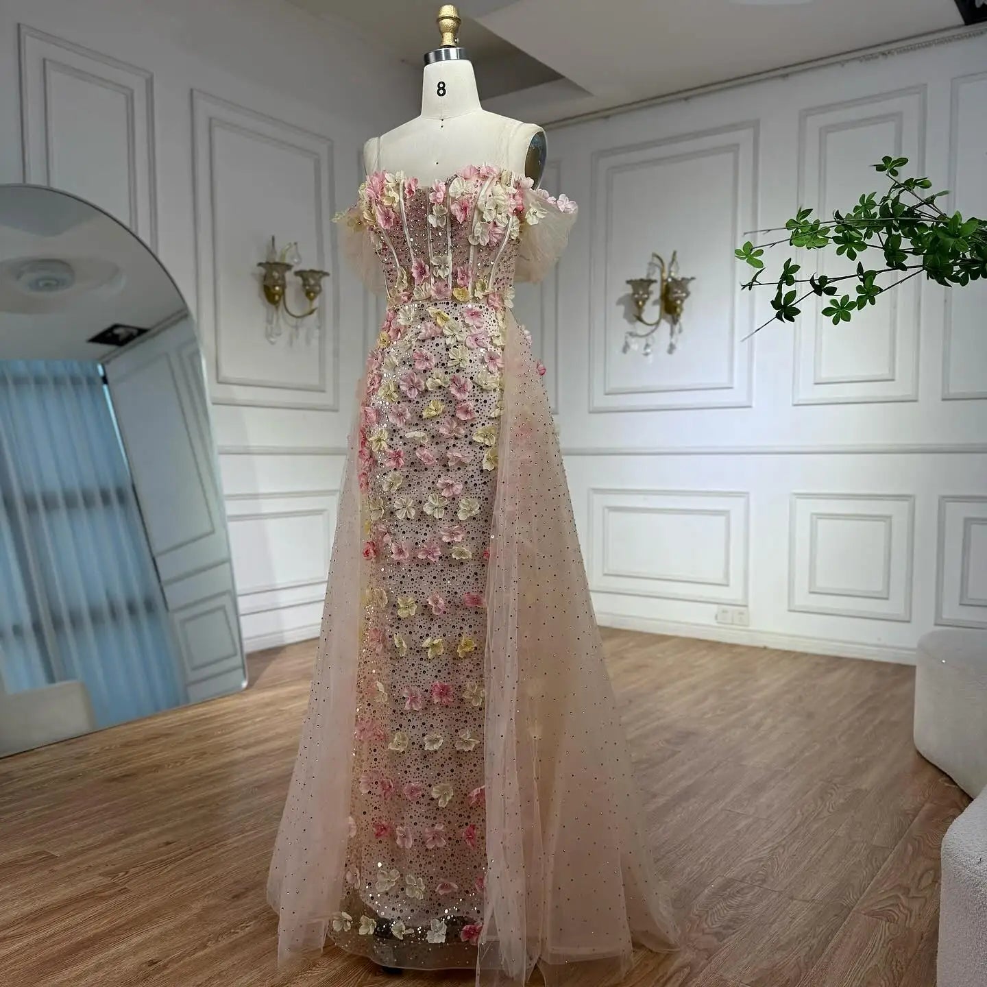 Luxury Nude Floral Beaded Off-Shoulder Corset Evening Dress with Overskirt LA72861