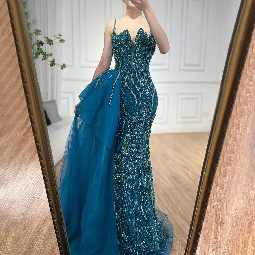 Spaghetti Straps Sage Green Mermaid Evening Dress with Overskirt LA72378