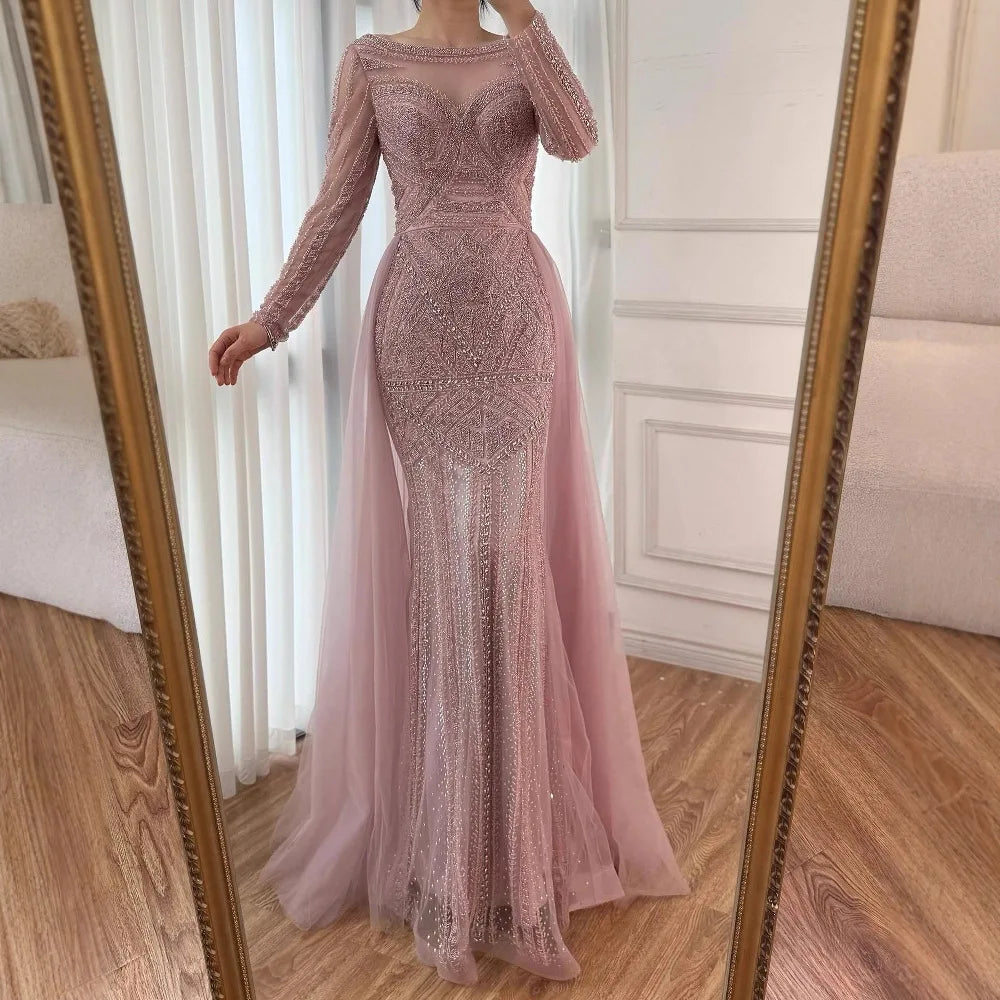Luxury Dubai Nude Evening Dress With Long Sleeves LA72967
