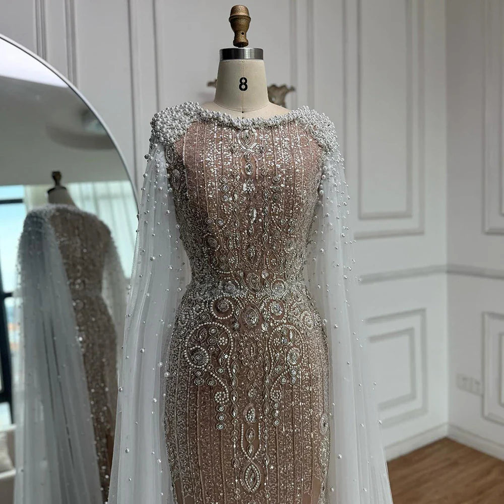 Luxury White Nude Mermaid Pearls Beaded Evening Dress with Cape Sleeves LA72444