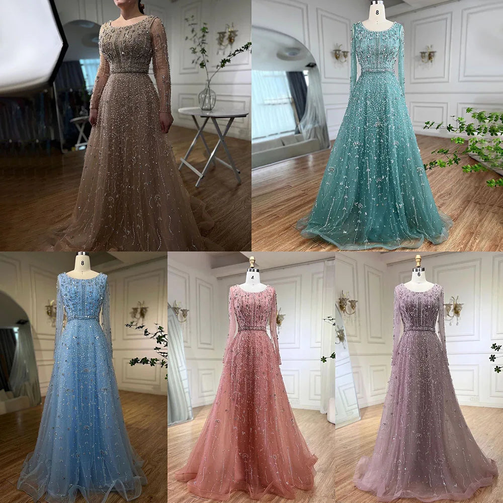 Luxury Nude A Line Beaded Evening Dresses Gowns For Women Wedding Party LA72088