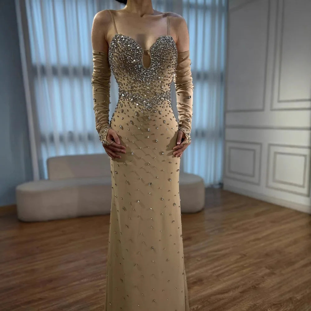 Luxury Nude Beaded Mermaid Dress with Detachable Sleeves LA73065
