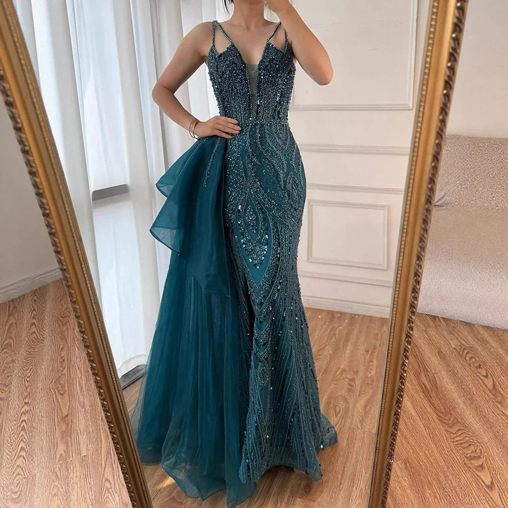 Luxury Green Spaghetti Strap Beaded Mermaid Evening Dress with Overskirt LA72378B