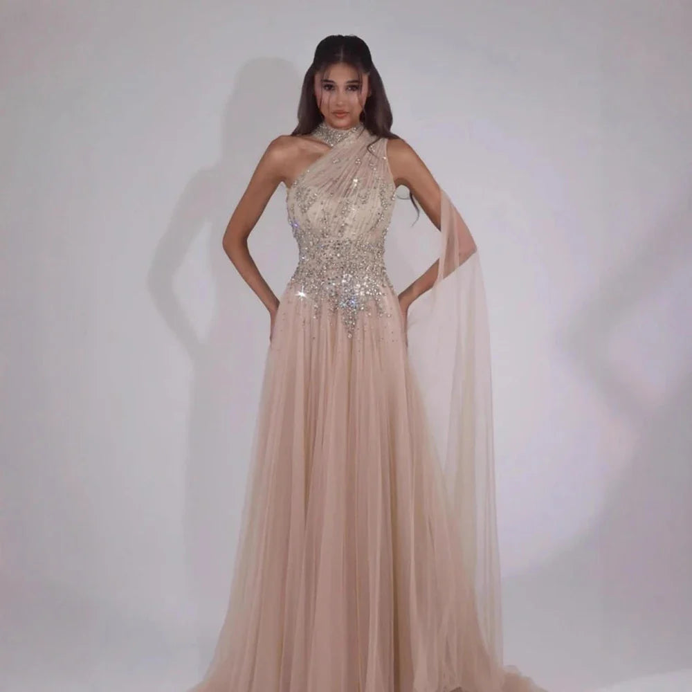 Luxury Nude A Line One Shoulder Beaded Evening Dress LA73154