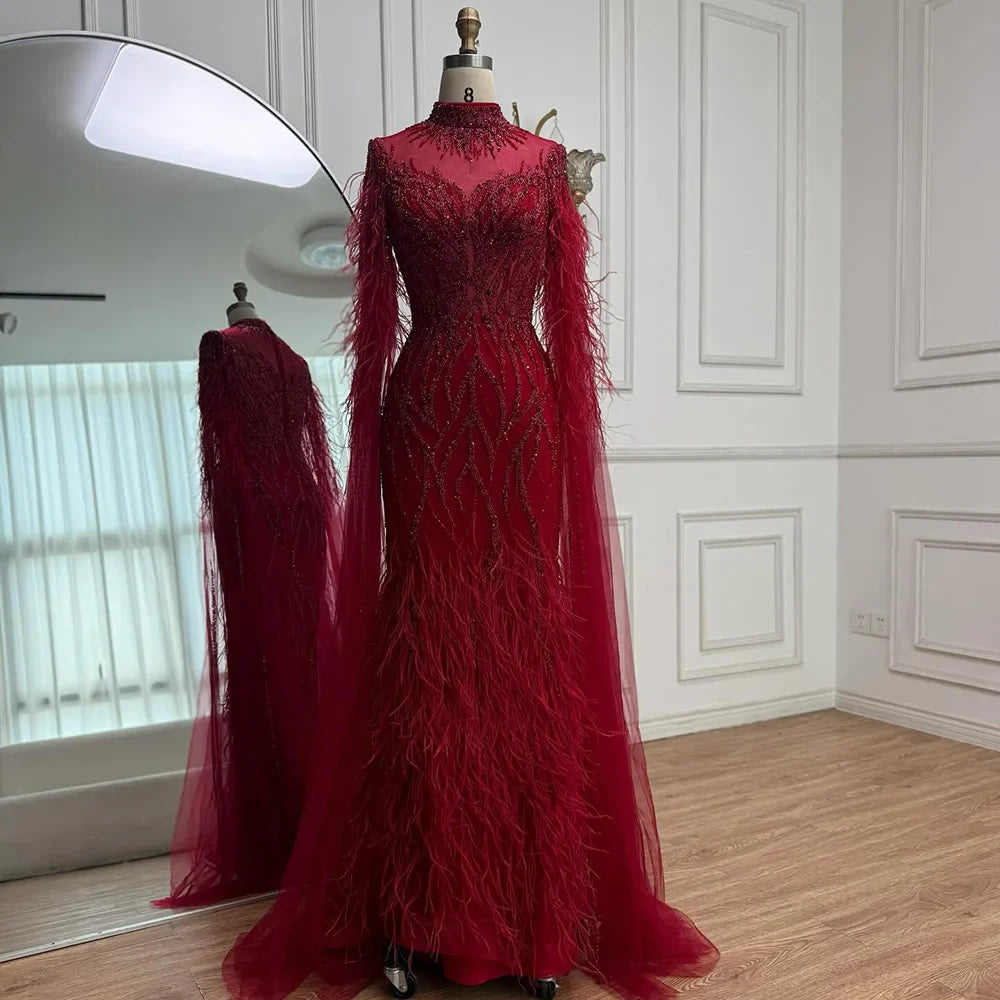 Luxury Nude Feather Beaded High Neck Formal Evening Dress for Women LA71885C