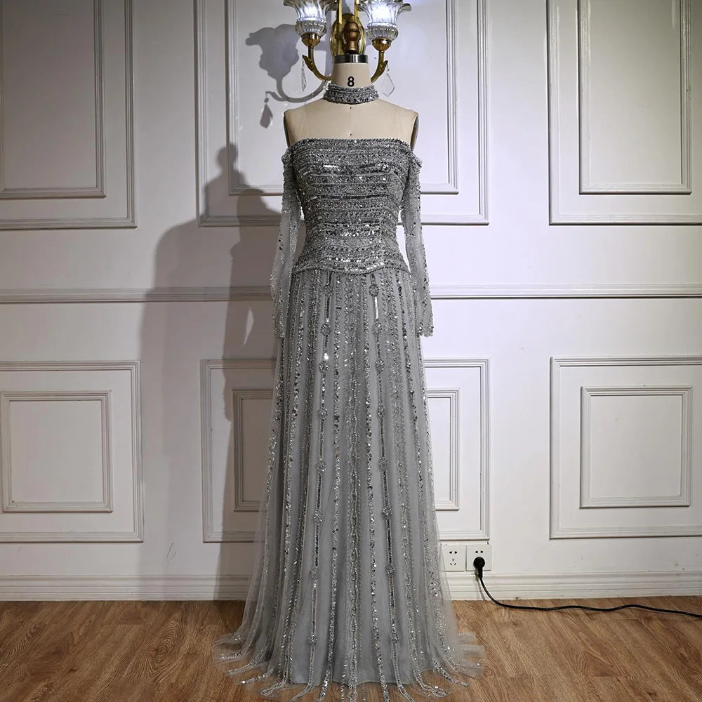 Caramel Off Shoulder Beaded Mermaid Evening Dress Long Sleeves LA73053