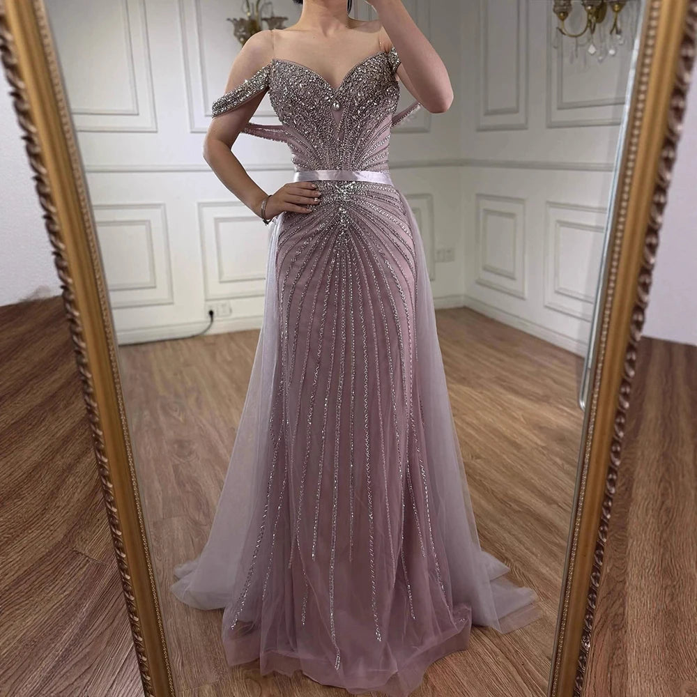Luxury Nude Arabic Crystal Beaded Mermaid Off Shoulder Evening Dress LA73128
