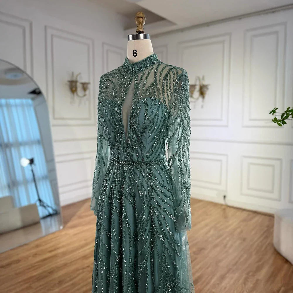 Elegant Turquoise High Neck A-Line Evening Dress Beaded LA71682A