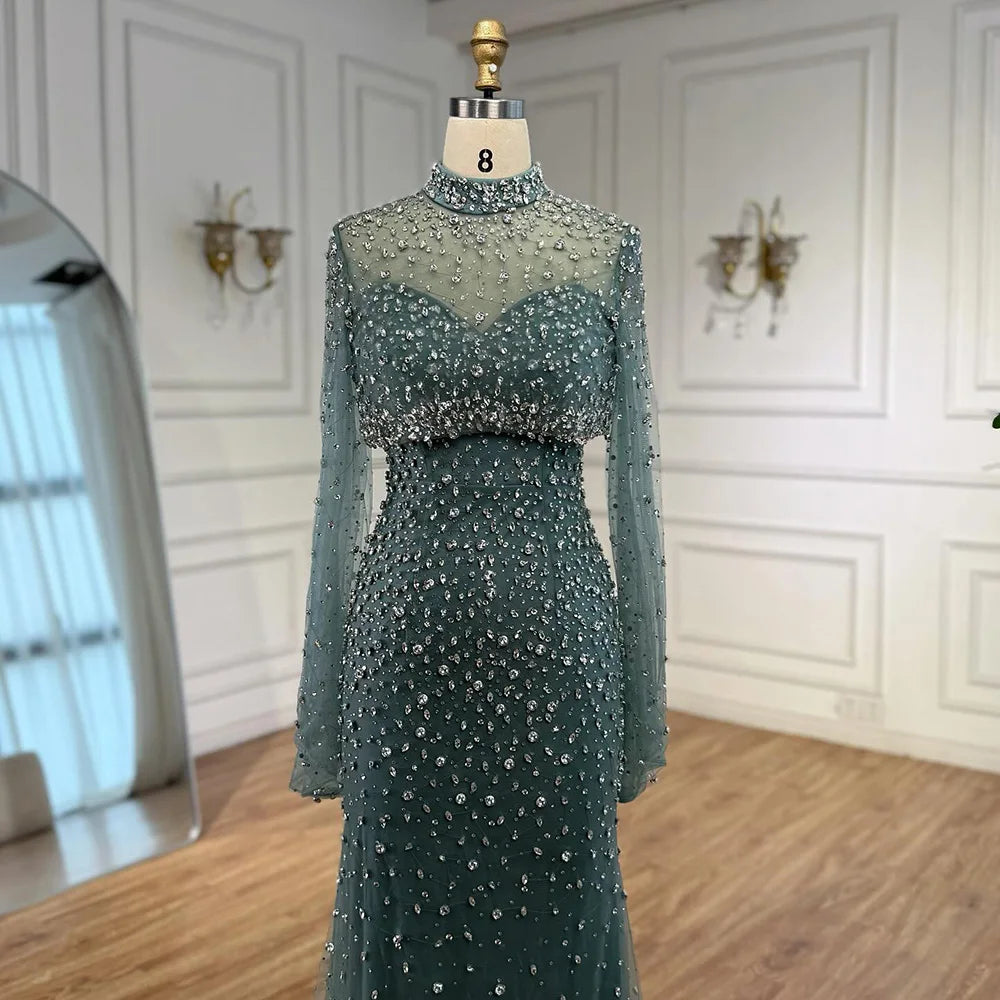 Luxury Turquoise Beaded Mermaid Evening Dress with Detachable Top LA73095