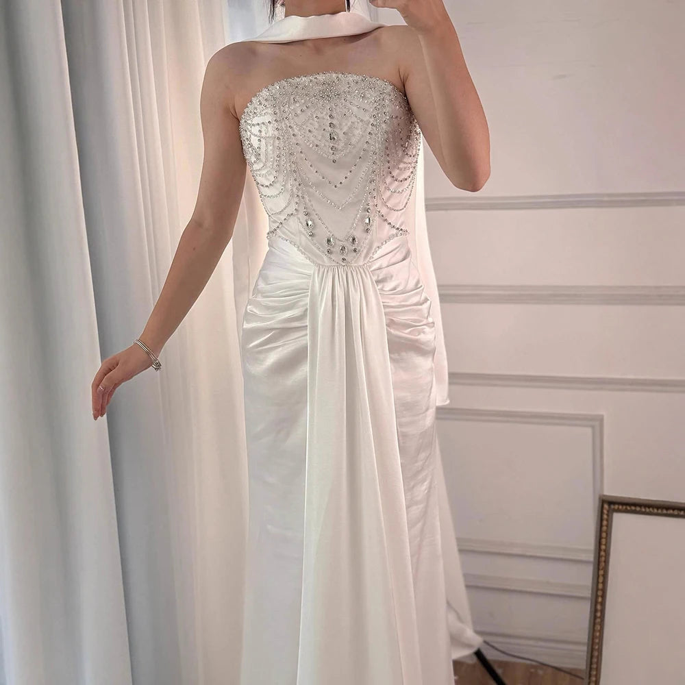 White Strapless Beaded Evening Dress with Gloves LA73086