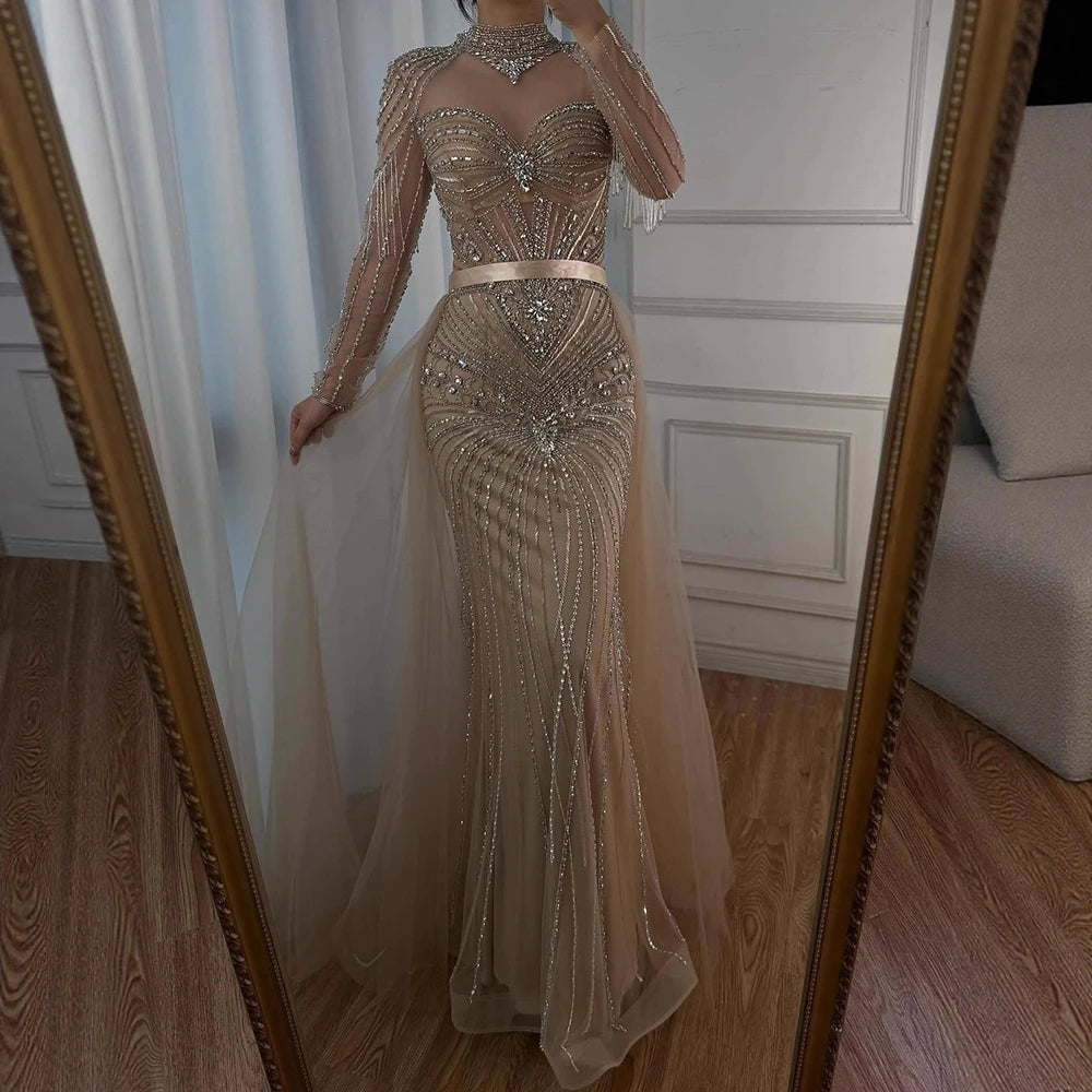 Luxury Nude Beaded Evening Dress with Detachable Overskirt LA72990