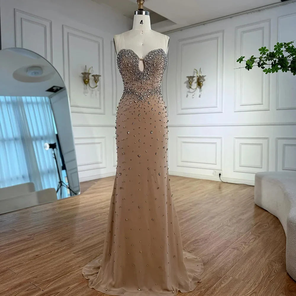 Luxury Nude Beaded Mermaid Dress with Detachable Sleeves LA73065
