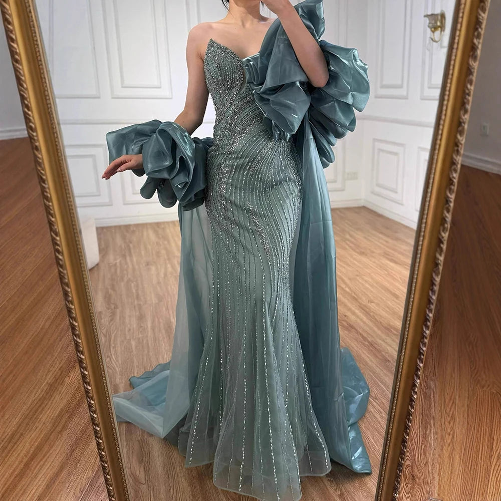 Luxury Red Strapless Mermaid Evening Dress with Cape LA72896