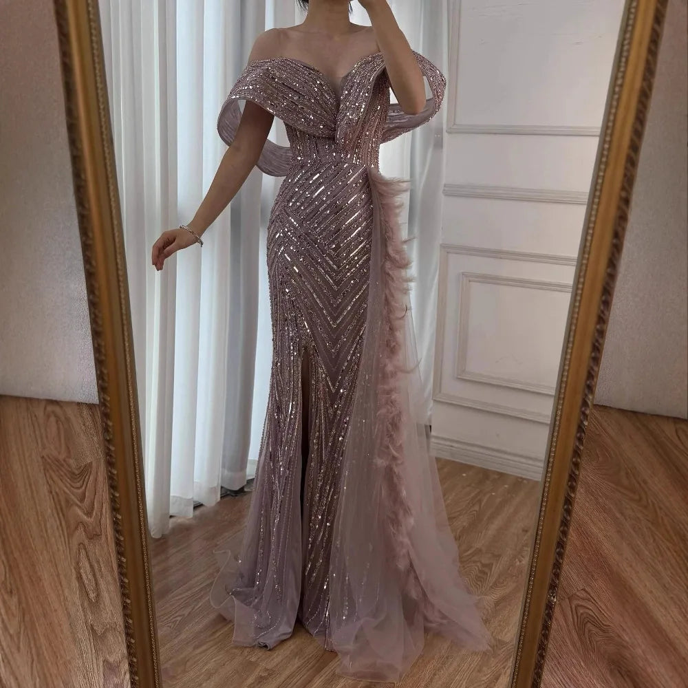 Luxury Pink Off Shoulder Beaded Feather Mermaid Evening Dress LA73111