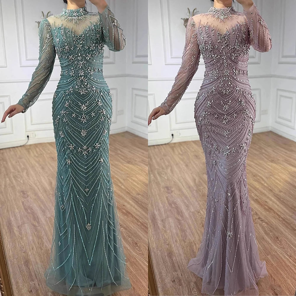 Luxury Pink Beaded Mermaid Evening Dress Long Sleeve LA73158