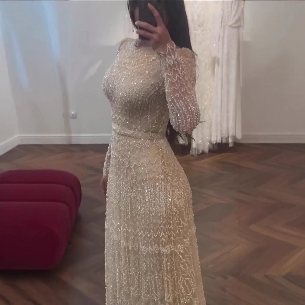 Luxury Nude A-Line Pearls Beaded Evening Dress LA73174