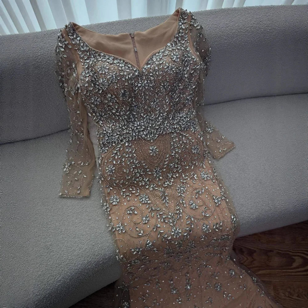 Luxury Nude Beaded Crystal Mermaid Evening Dress with Long Sleeves LA73042