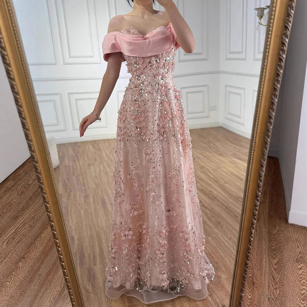 Luxury Pink A-Line Evening Dress with 3D Flowers & Beads LA73157
