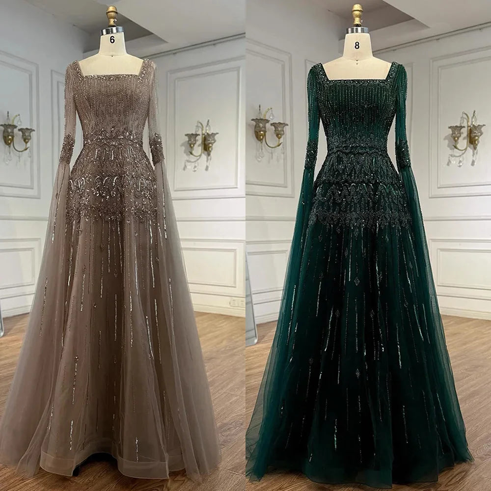 Caramel A-Line Evening Dress with Beaded Cape Sleeves LA73089