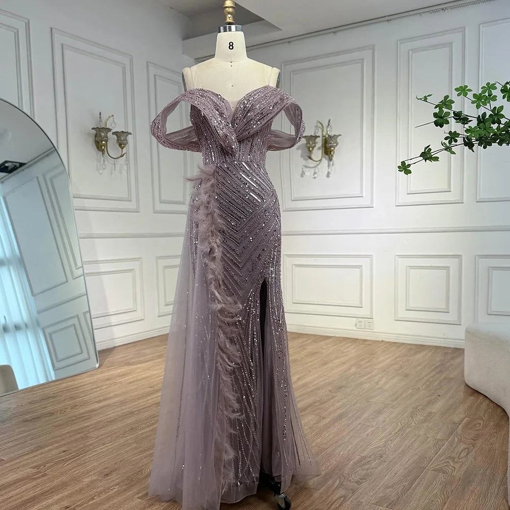 Luxury Pink Off Shoulder Beaded Feather Mermaid Evening Dress LA73111
