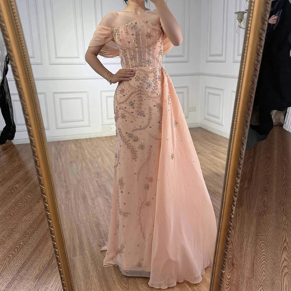 Luxury Nude Off Shoulder Pearl Beaded Mermaid Evening Dress with Overskirt LA73109