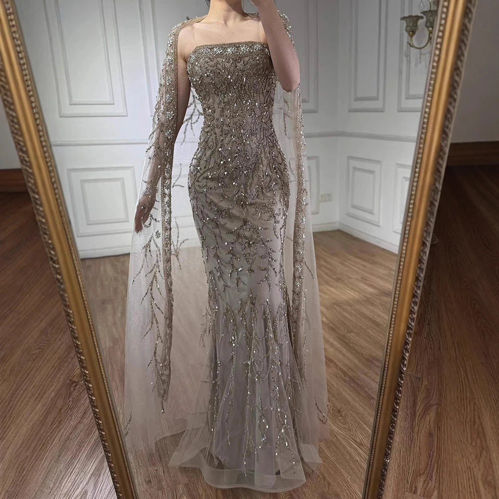 שמלת ערב לבנה יוקרתית עם חרוזים דובאי ערב וגלימה LA72870