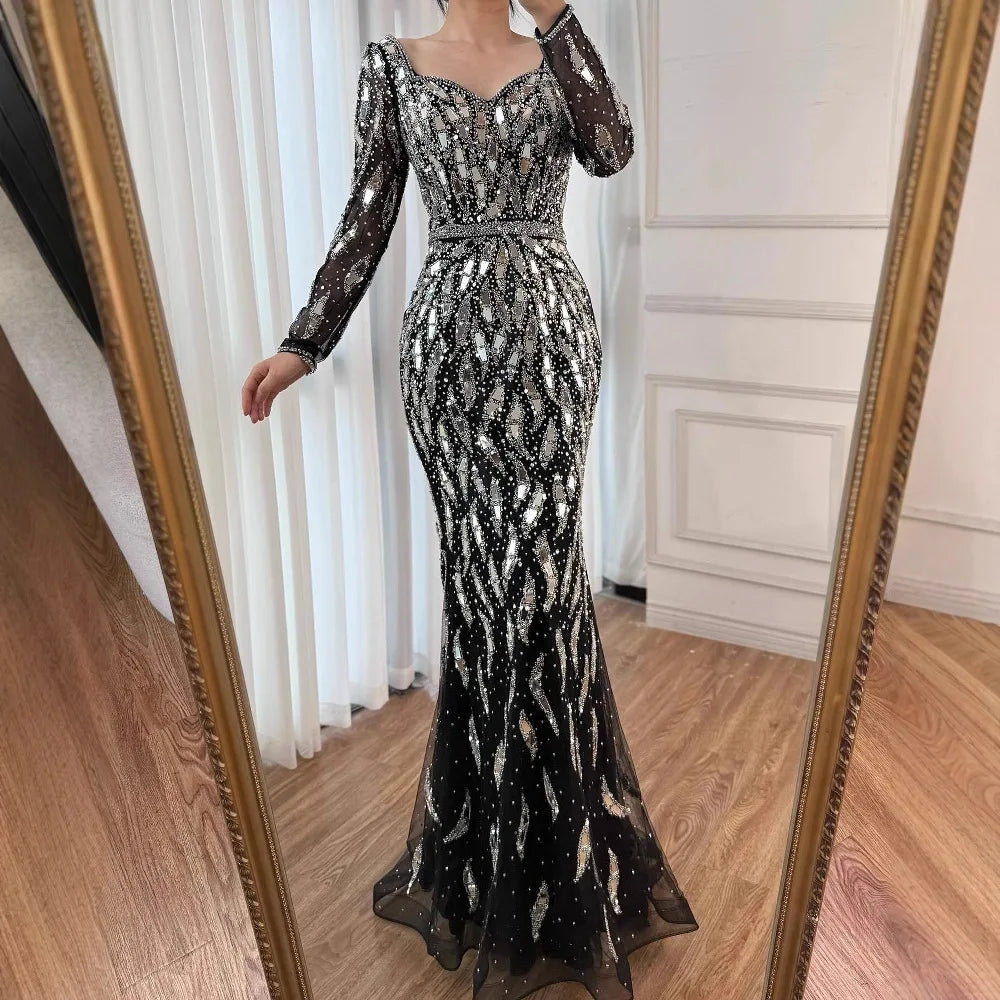 Luxury Black Silver Sequin Long Sleeve Mermaid Evening Dress LA73113