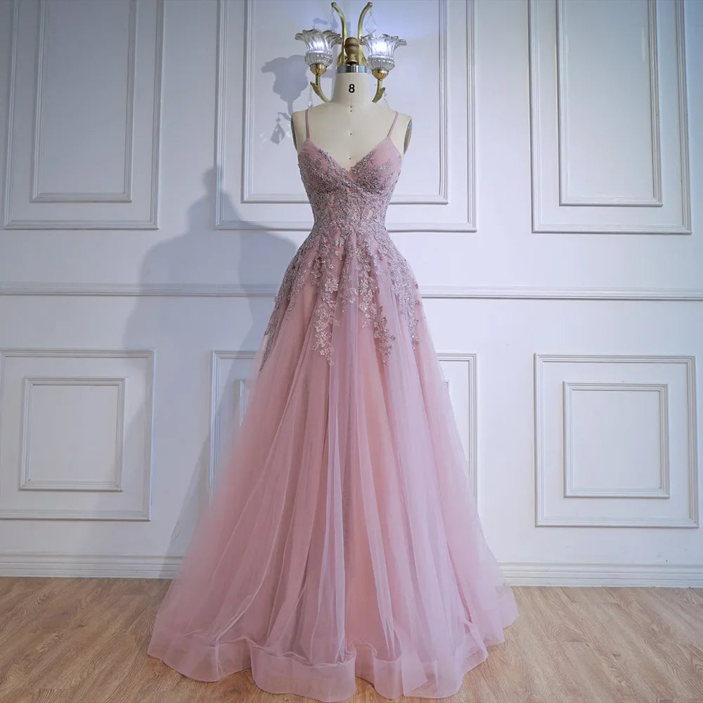 Luxury Pink Tulle A Line Prom Dress with Appliques LA73009