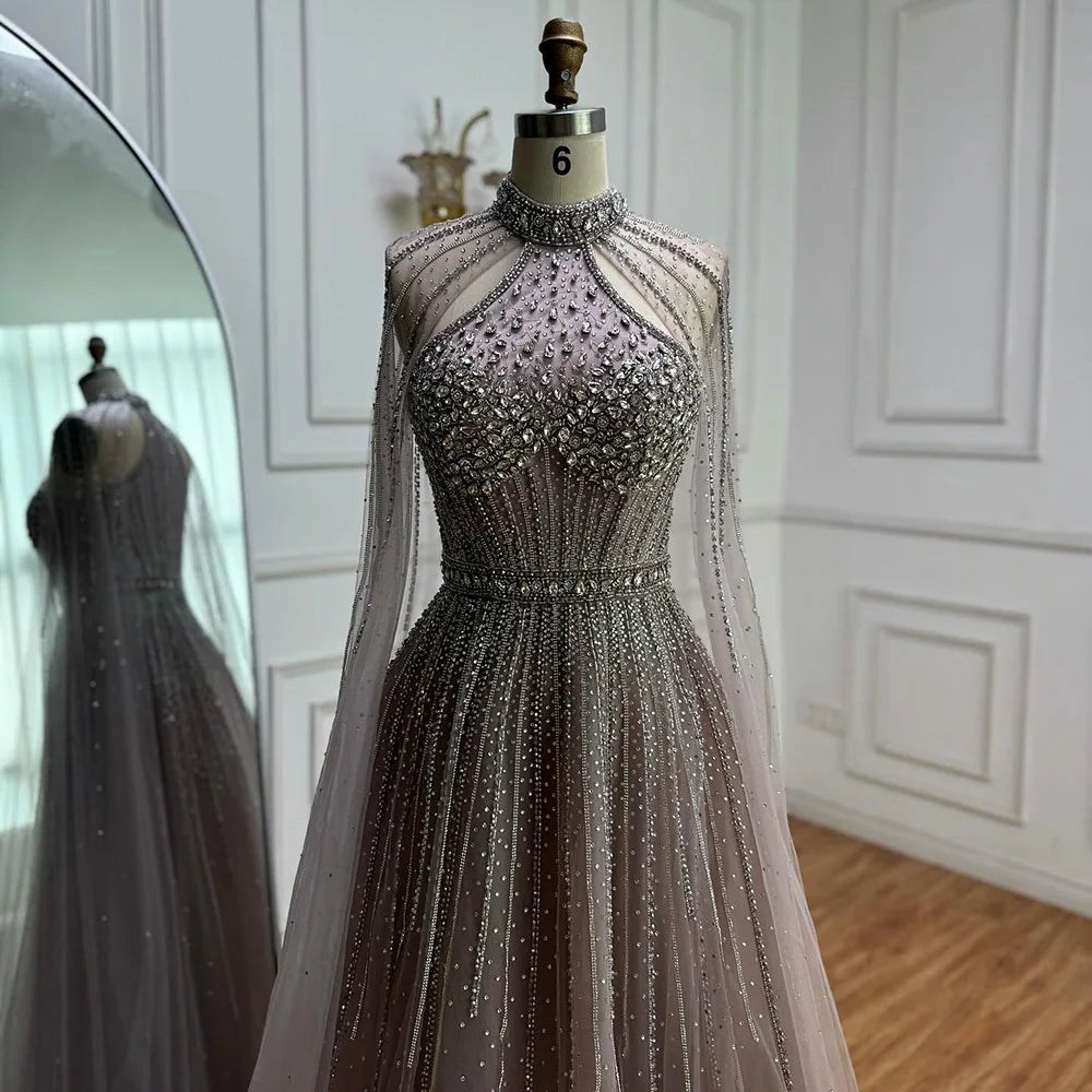 Luxury Turquoise Beaded A-Line Evening Dress with Cape Sleeves LA73054