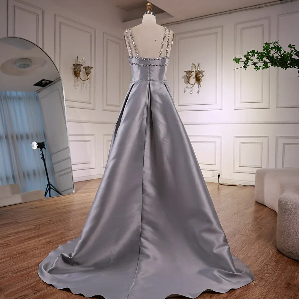 Elegant Light Blue Satin Arabic Evening Dress with Overskirt LA72524