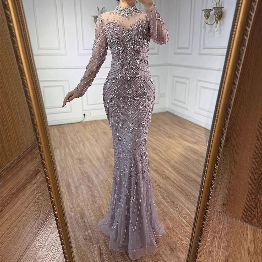 Luxury Pink Beaded Mermaid Evening Dress Long Sleeve LA73158