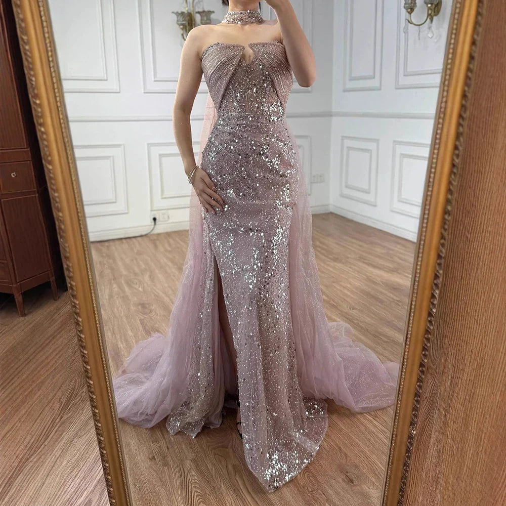 Luxury Gray Beaded Evening Dress with Long Cape LA73159