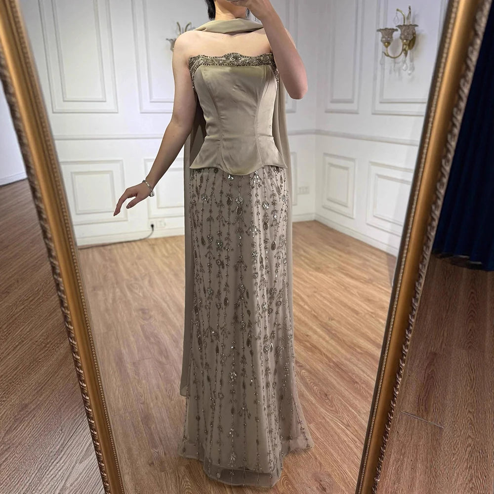 Luxury Caramel Satin Beaded Evening Dress with Corset Bodice LA72805C