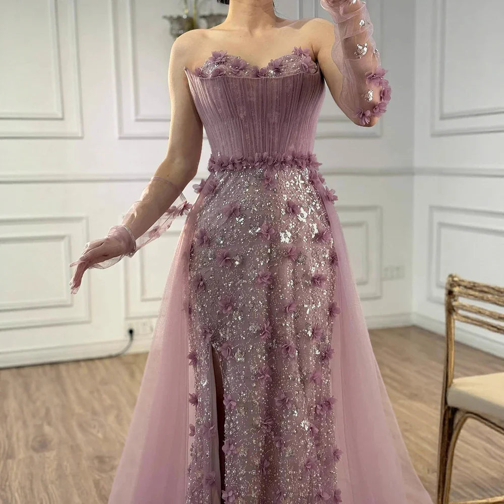 Elegant Pink 3D Floral High Slit Evening Gown with Gloves Overskirt LA72937
