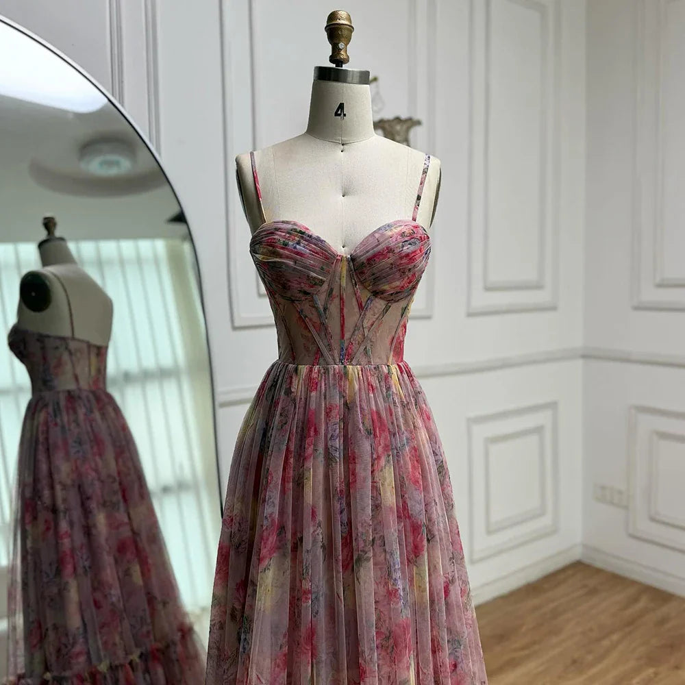 Luxury Pink A-Line Tulle Printed Ruffle Tiered Prom Dress LA73149