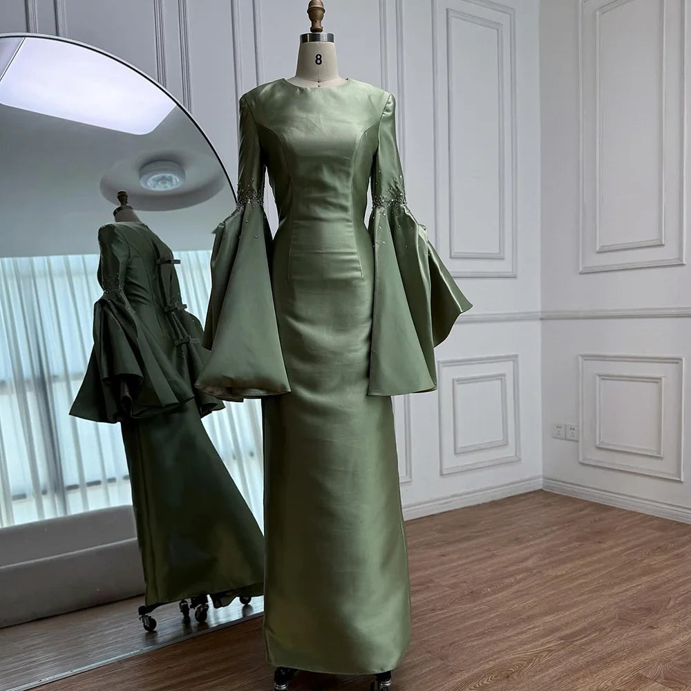 Luxury Sage Green Satin Evening Dress with Bell Sleeves 2025 LA73094