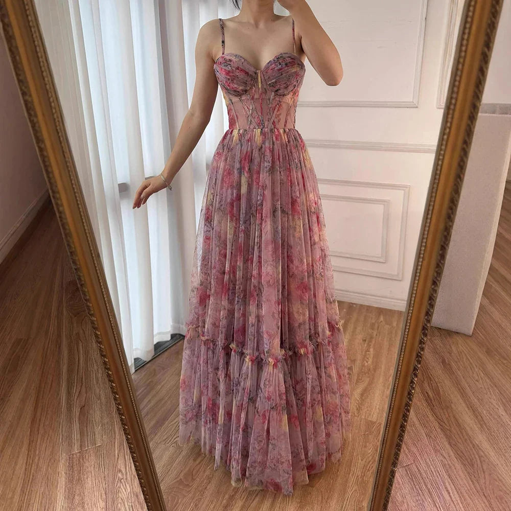 Luxury Pink A-Line Tulle Printed Ruffle Tiered Prom Dress LA73149