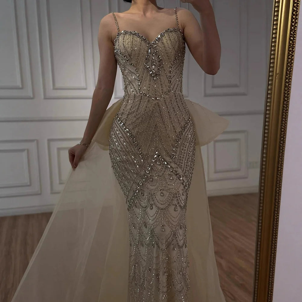 Luxury Pink Crystal Beaded Mermaid Evening Dress with Overskirt LA73143